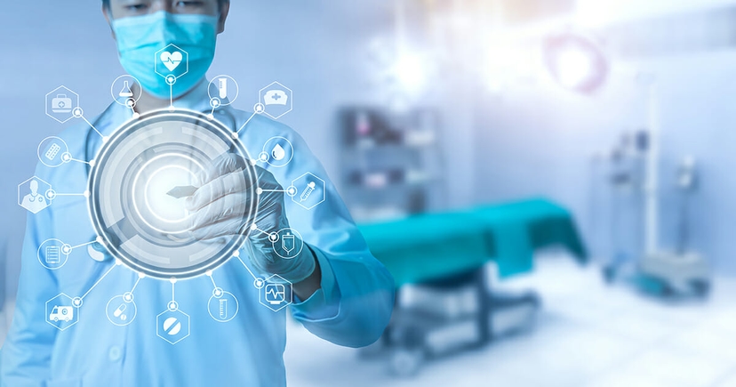 Futuristic innovative corona covid-19 virus doctor wear mask virtual digital ai infographic data tech. Coronavirus 2019-nCov treatment analysis screen in hospital laboratory against epidemic virus
